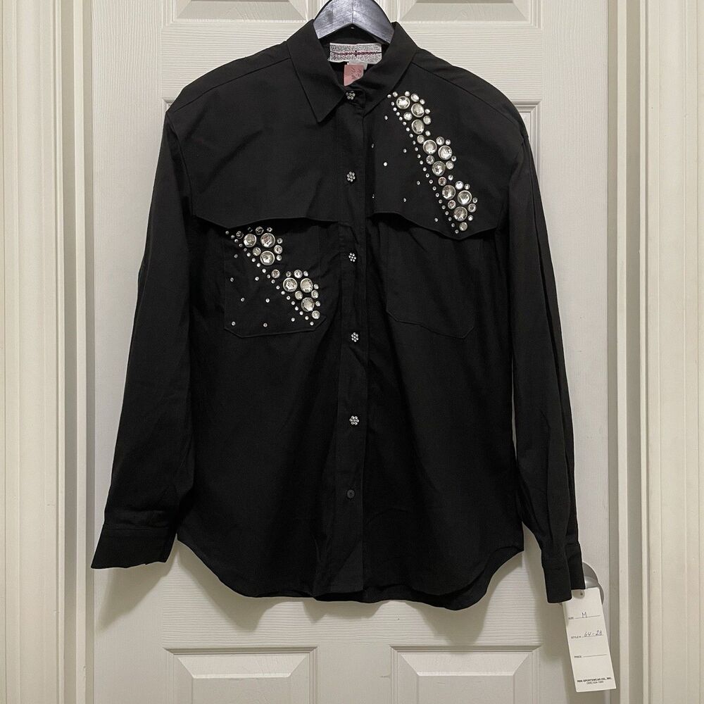 NWT Vintage Robin Berry Button Up Top Black Rhinestone Western Glam 90s Medium‎